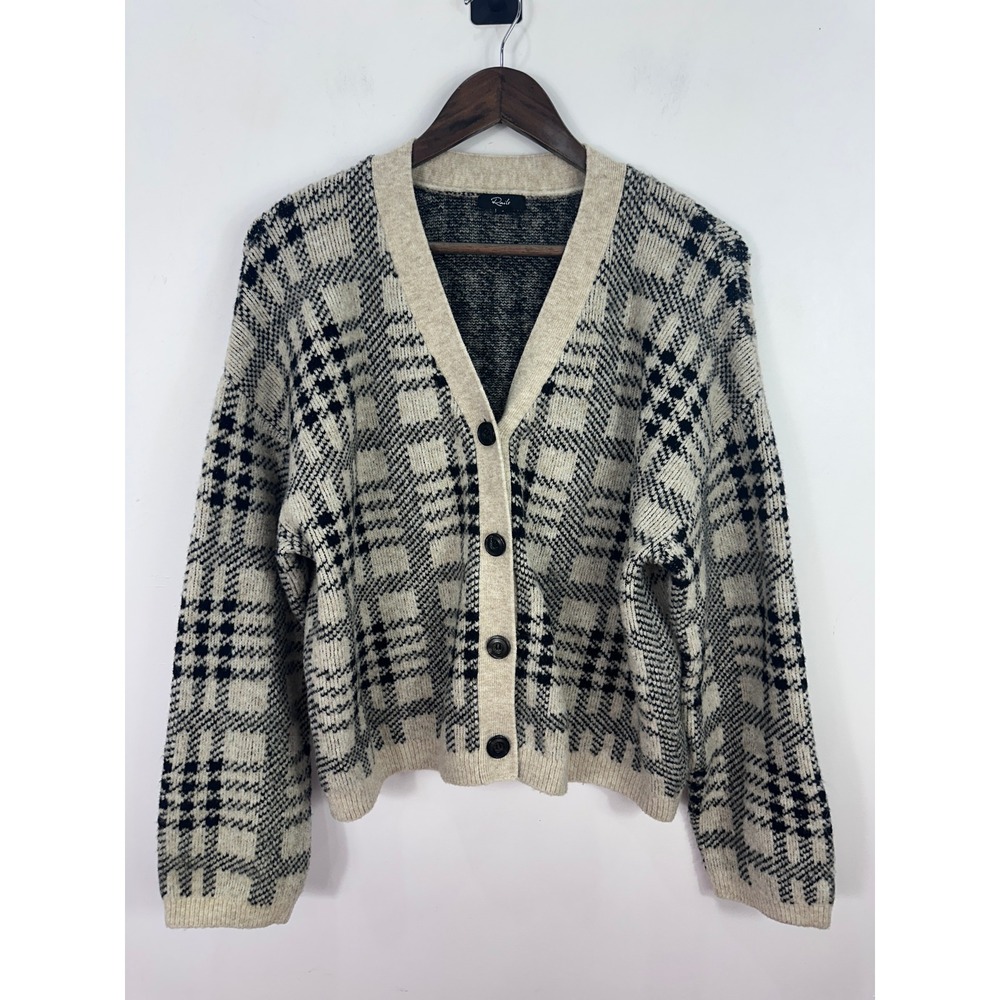 Rails Reese Cardigan Womens‎ Large Black Oatmeal Plaid Wool Blend V-Neck Sweater